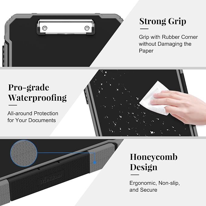 Meiikun Clipboard with Storage, Rugged Shockproof Protective, Internal Pen Pouch & Metal Clip, Heavy Duty Plastic Clip Boards 8.5x11, High Capacity Contractor Folder for School Office (Black)