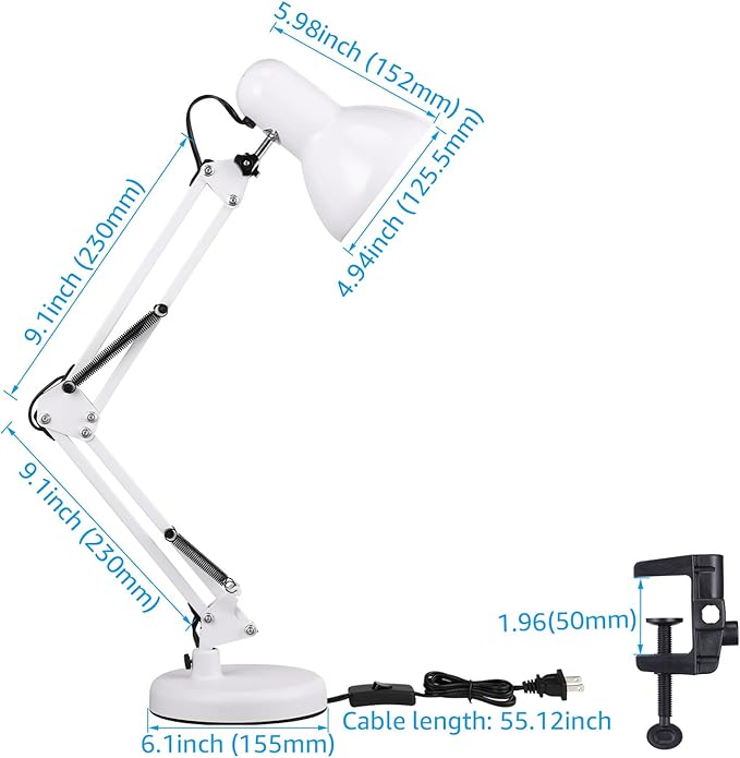 TORCHSTAR Metal Desk Lamp, Adjustable Swing Arm, E26, White | Architect Gooseneck Multi-Joint Clip Table Lamp with Plastic Clamp, for Home Office, Work, Study, Reading, Bulbs not Included