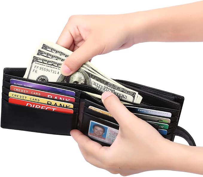 GOIACII Mens Wallet Large Capacity Genuine Leather RFID Blocking Bifold Wallets for Men with ID Window and 15 Card Slots