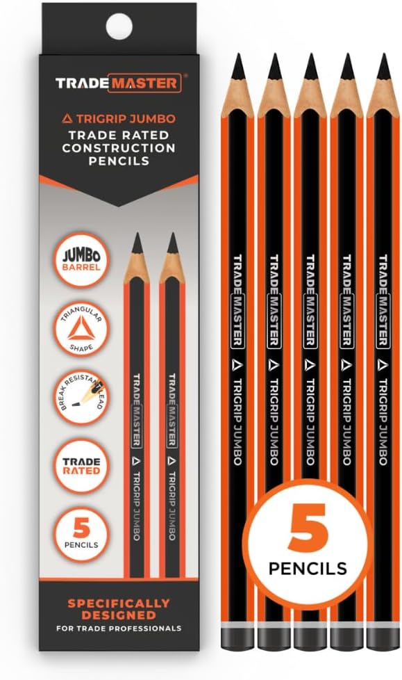 Carpenters Pencils Pack of 5 | Builders Pencil with TriGrip Jumbo Barrel - Construction Pencils Having Hard Lead for Marking Wood, Brick, Concrete & Plasterboard | Work Pencil for Builders