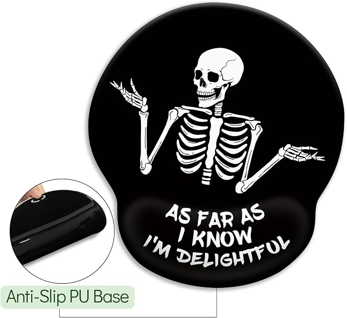 LIMKRIAN Skeleton Mouse Pad with Wrist Rest, 9.8 x 8.6 in, Funny Skull | Ergonomic Gel Wrist Support Pain Relief, Non-Slip PU Base, Funny Mouse Pads for Desk, Goth Office Desk Accessories Decor