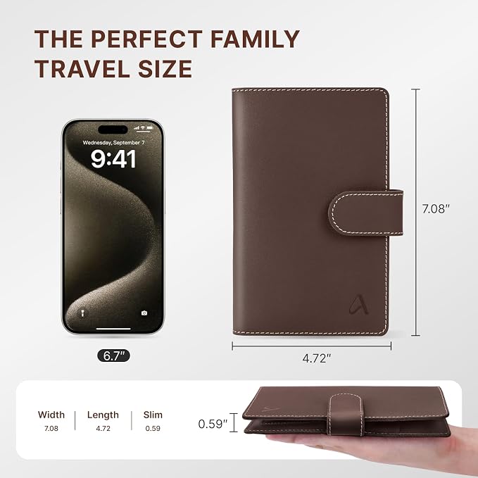ALLIVE Family Passport Holder, Rfid Blocking Passport Wallet with AirTag Slot, Genuine Leather Travel Document Organizer for Women & Men, Airport Essentials, Travel Gift (Coffee Brown)