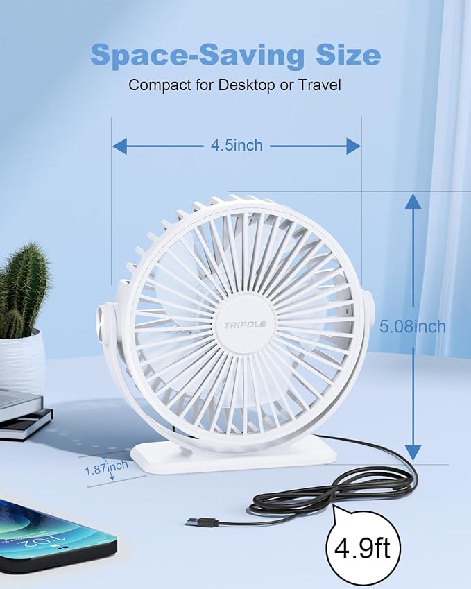 TriPole Desk Fan USB Powered Small Portable, 360°Rotation Mini Personal Fan | White, 3 Speeds Plug In USB Fan, Desk Fans Small Quiet, 4.9ft Cable, Strong Breeze for Desktop Bedroom Office Table Travel