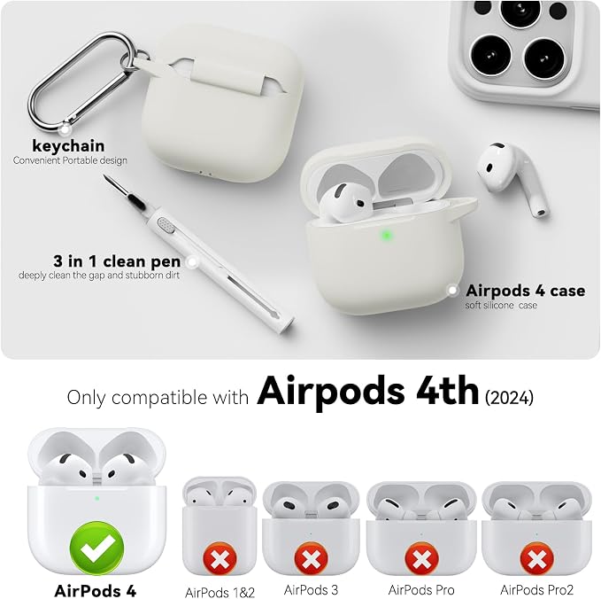 for AirPods 4 Case 2024 with Cleaner Kit & Keychain-Beige | Silicone Protective Cover for Apple AirPods 4th Generation Case,for Women Men,One-Piece Design,Shockproof,Dust Proof