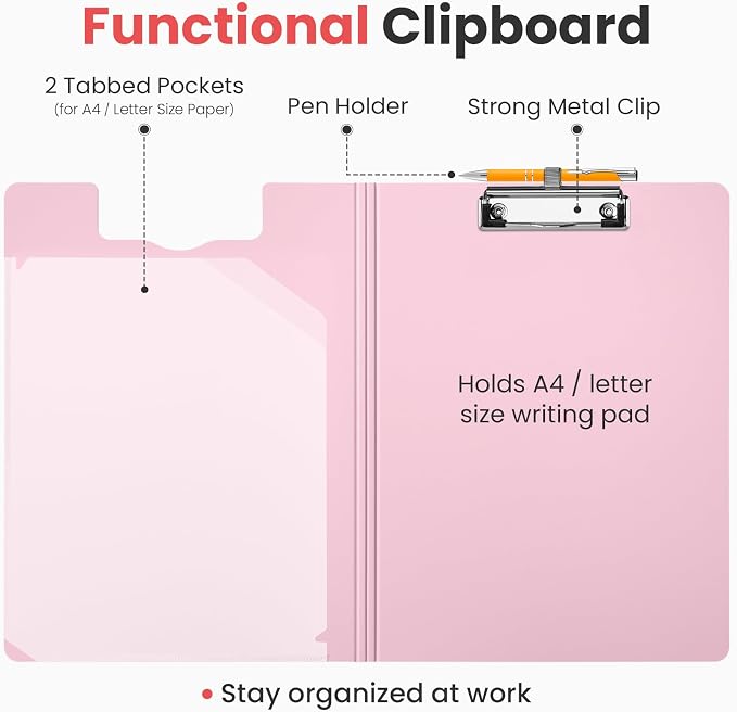 Sooez Foldable Clipboard Folder, A4 Folding Clip Board with Pen Loop 8.5x11 | 2 Tabbed Pockets, 360° Portfolio, Binder Clipboards with Low-Profile Metal Clip, Folio Storage for Nursing, School & Office