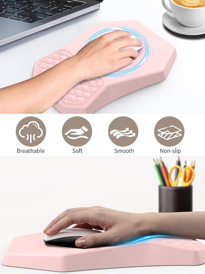 3-in-1 Ergonomic Keyboard Stand with Wrist Rest & Mouse Pad Set, Pink | Comfy Keyboard Riser Holder Soft Mousepad with Massage Design, Memory Foam and Non-Slip PU Base for Pain Relief
