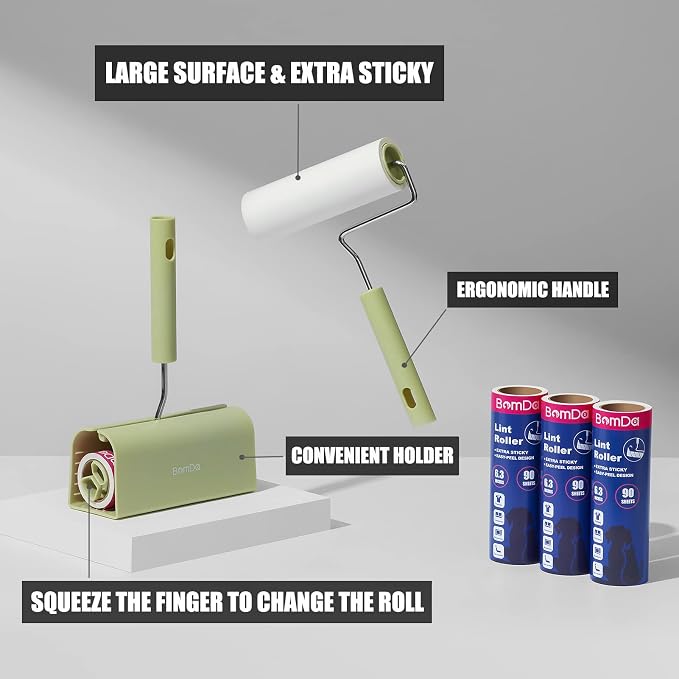 Extra Sticky Large Surface Lint Roller, 6.3''Wide Roller for Pet Hair | Long Handle Lint Remover for Couch, Furniture, Clothes, Dog & Cat Hair Remover (1 Roller + 270 Sheets)