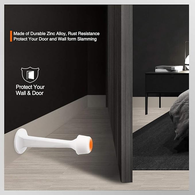 6 Pack Solid Rigid Door Stops - Heavy Duty Door Stoppers Wall Protector with Soft Rubber Tips, White