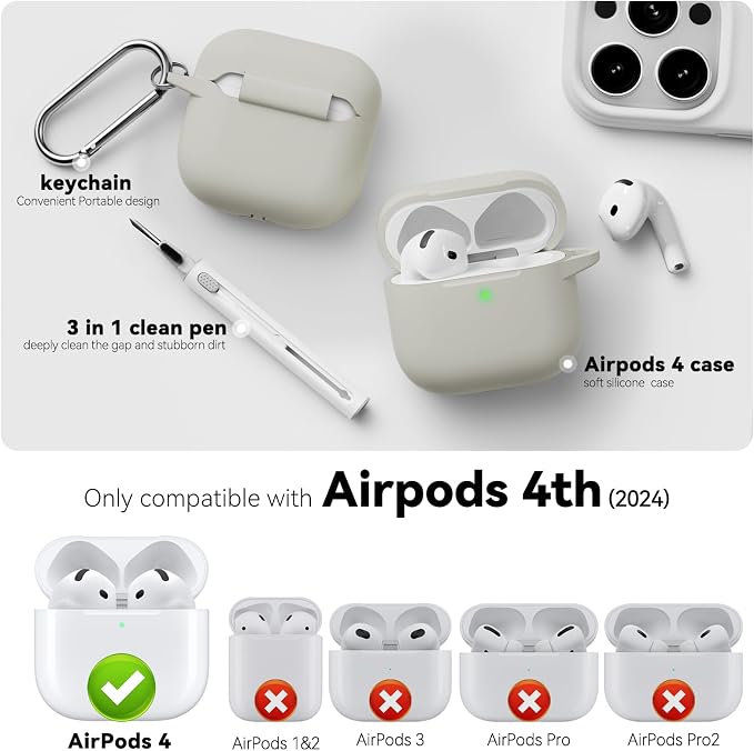 for AirPods 4 Case 2024 with Cleaner Kit & Keychain-Khaki | Silicone Protective Cover for Apple AirPods 4th Generation Case,for Women Men,One-Piece Design,Shockproof,Dust Proof
