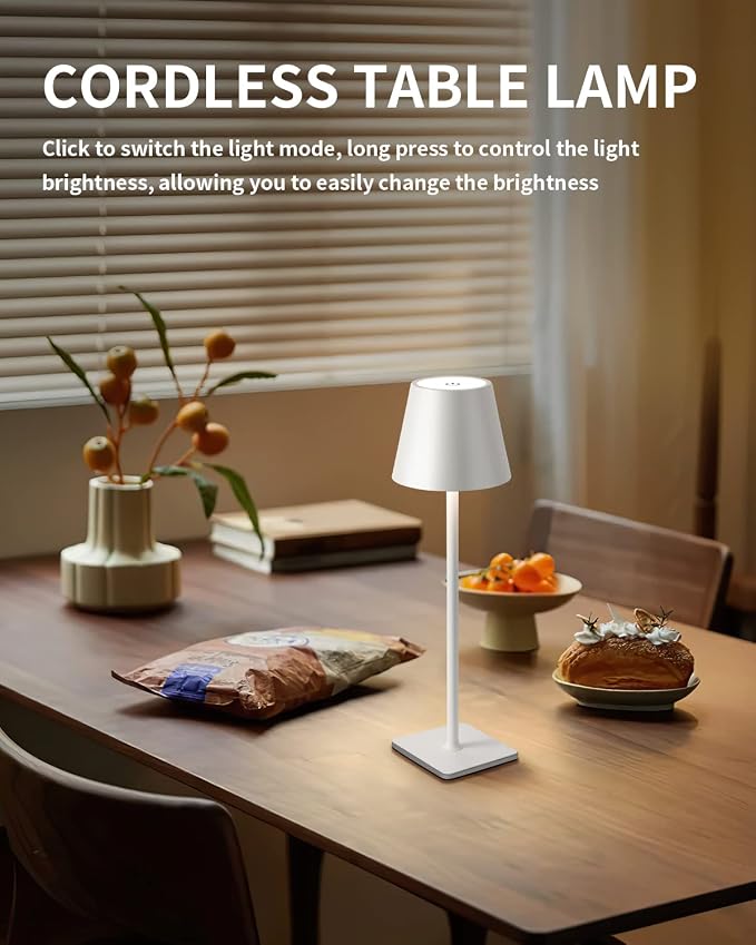 KDG 2 Pack Cordless White Table Lamps, Rechargeable Portable LED Desk Lamps | 5000mAh Battery Operated 3 Color Stepless Dimming Up for Restaurant, Bedroom, Outdoor Party, Camping, Coffee Shop, Nightlight