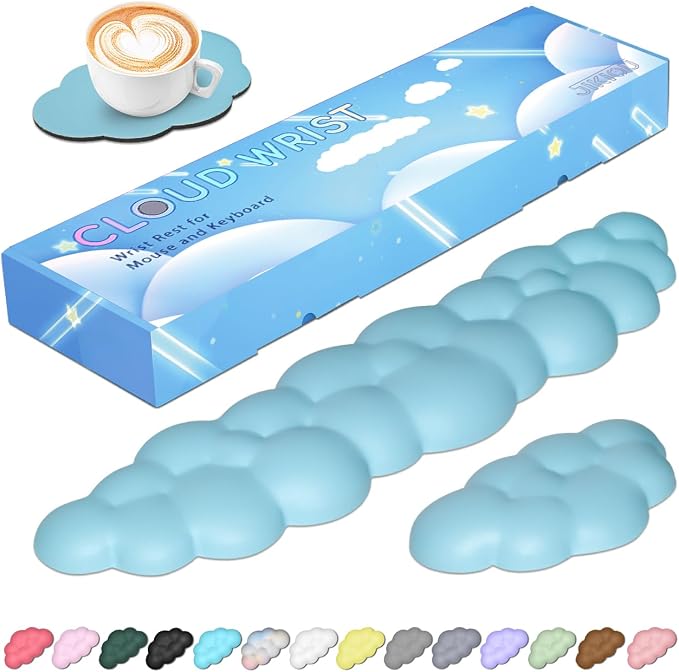 JIKIOU Upgrade Leather Cloud Wrist Rest for Keyboard and Mouse & Cup Pad | Wish Gift-Cute Cloud Shape, Comfortable and don’t Irritate to Skin, Non-Slip PU Base,Soft Memory Foam filled for Pain Relief