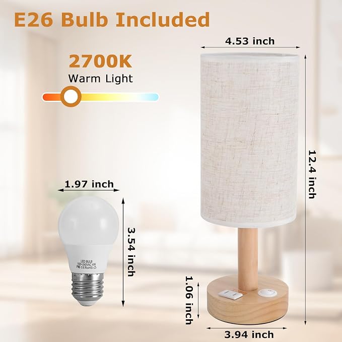 Small Bedside Table Lamp with AC Outlet, Natural Wood Base & Linen Shade, Mini Cute Cozy Warm White Nightstand Boho Lamp, Study Desk Night Stand Light for Bedroom, Kitchen, Nursery, Living Room