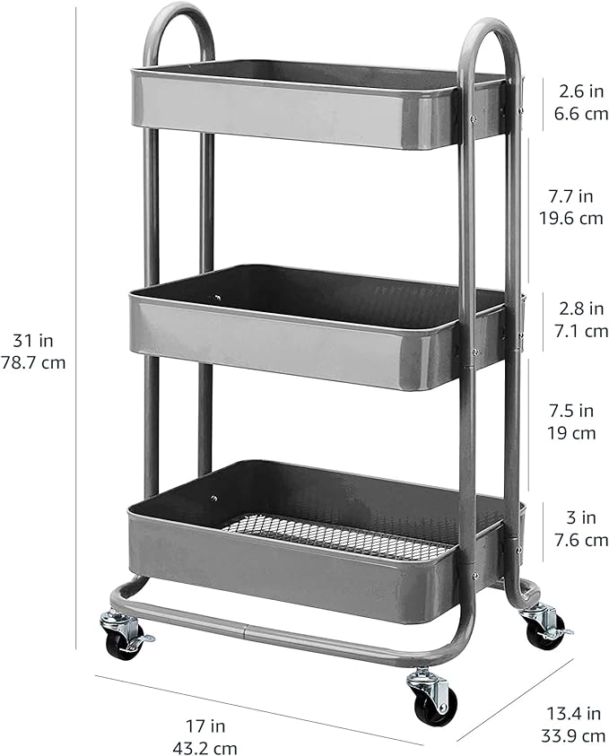 Amazon Basics 3-Tier Rolling Utility or Kitchen Cart, Lockable Wheels, Multifunctional Storage, Mobile Shelving Unit, Metal Storage Organizer, Charcoal