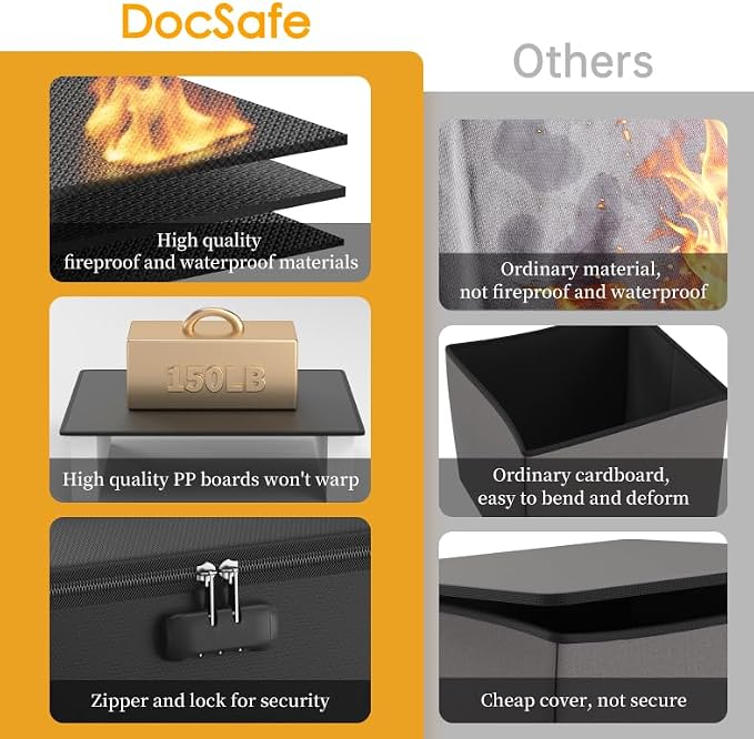 DocSafe Vinyl Record Storage Box with Lock,Fireproof Record Organizer Storage for 100+ Single Records(12-inch), Collapsible Storage Crate with Lid & Handles for Valuable Album Collection,Black,2 Pack