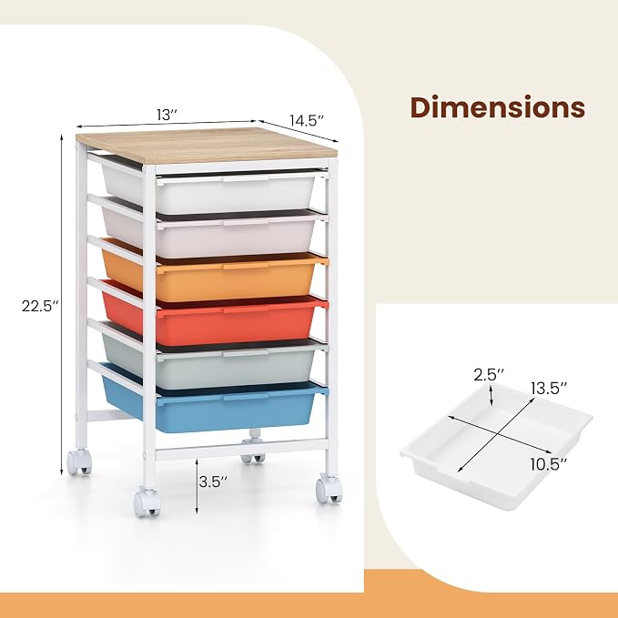 Giantex Rolling Storage Cart with 6 Drawers, Utility Cart w/Wooden Tabletop, Lockable Wheels, Multipurpose Organizer for Art Craft Scrapbooks Paper, Drawer Carts for Dorm Classroom Office, Macaron