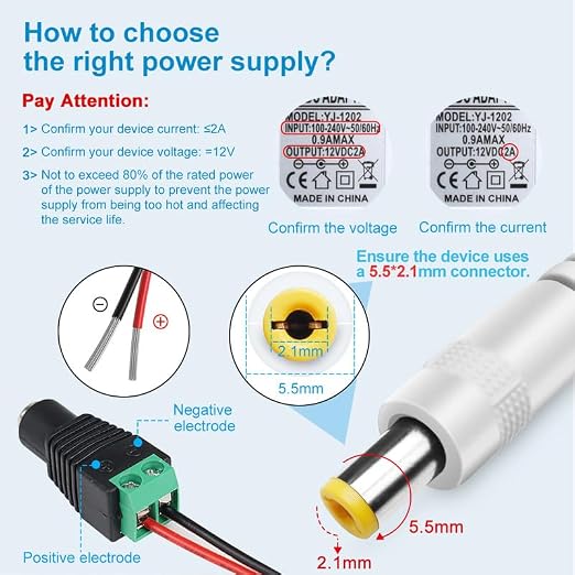 12V Power Supply, 12 Volt 2A 24W DC Power Supply with On Off Switch, White Switching LED Power Adapter, AC 110V to 12V Wall Wart Transformer Plug for LED Strip Lights with 5.5/2.1 DC Female Connector