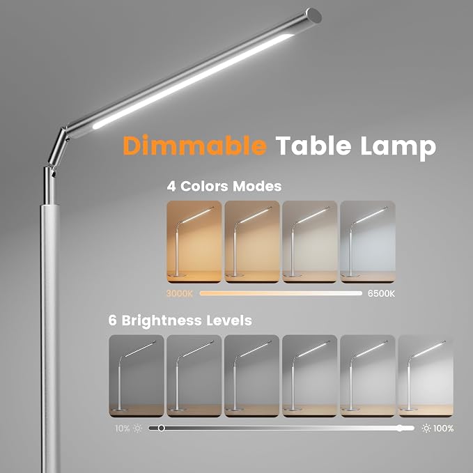 Silver LED Desk Lamp, 16" Dimmable Metal Desk Light with Base, 15W 1200LM, Adapter Included, Color & Brightness Adjustable, Modern Tall Table Lamp for Home Office Reading Study Task Laptop