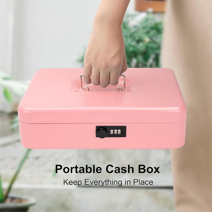 Jssmst Cash Box with Money Tray and Lock - Pink Cash Box with Combination Lock Safe Large, Locking Cash Register Drawer Box for Money, 11.8'' x 9.5'' x 3.5'', SM-CB005PC