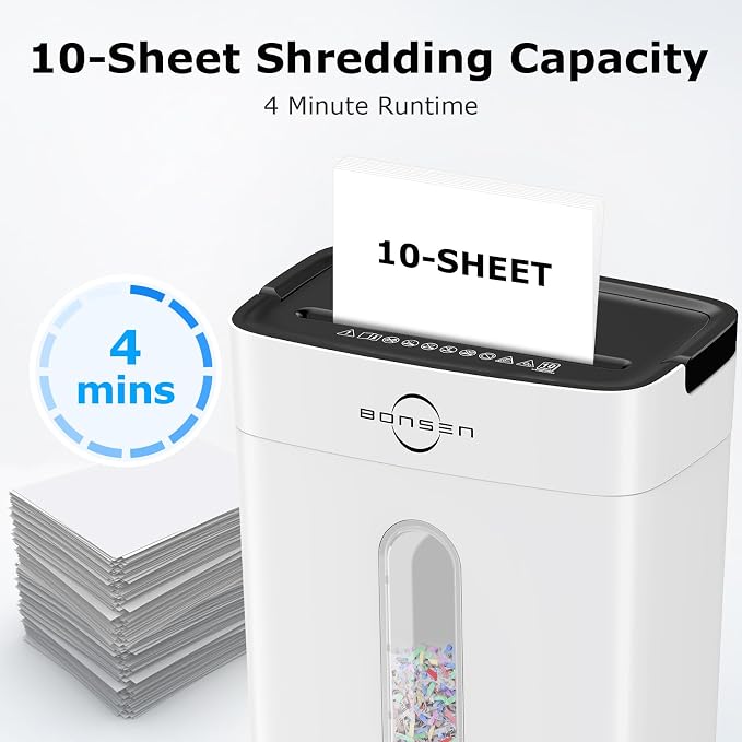 Bonsen 10-Sheet Cross Cut Paper Shredder for Home Office Heavy Duty, White | P-4 Security Level, Shreds Paper & Credit Cards, 4-Gal Bin with Portable Handle, Small Shredder for Home Office，S3201-W
