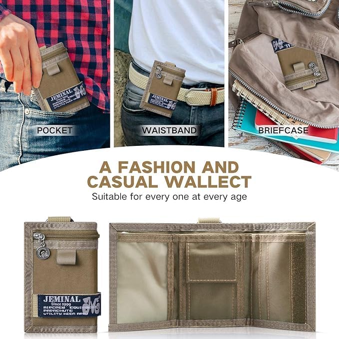 JEMINAL Trifold Canvas Wallet for Men Outdoor Sports Wallet with Keychain, Multiple Card Slots, ID Window, Lightweight Nylon Casual Wallet, Khaki