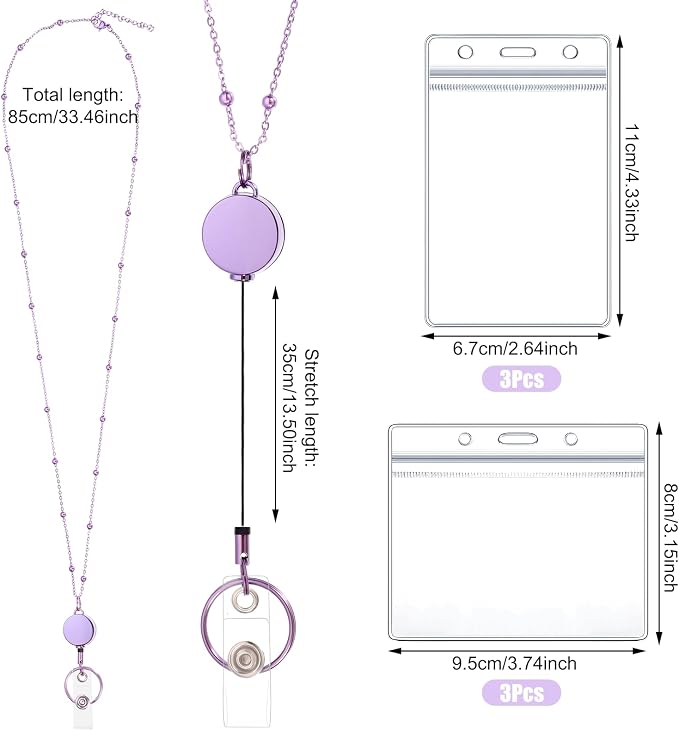 Rose Gold, Pink, Purple 3 Pack Retractable Badge Holders with 6 Pcs Id Badge Holder - Stainless Steel Teacher Lanyards for Women & Cruise Ship