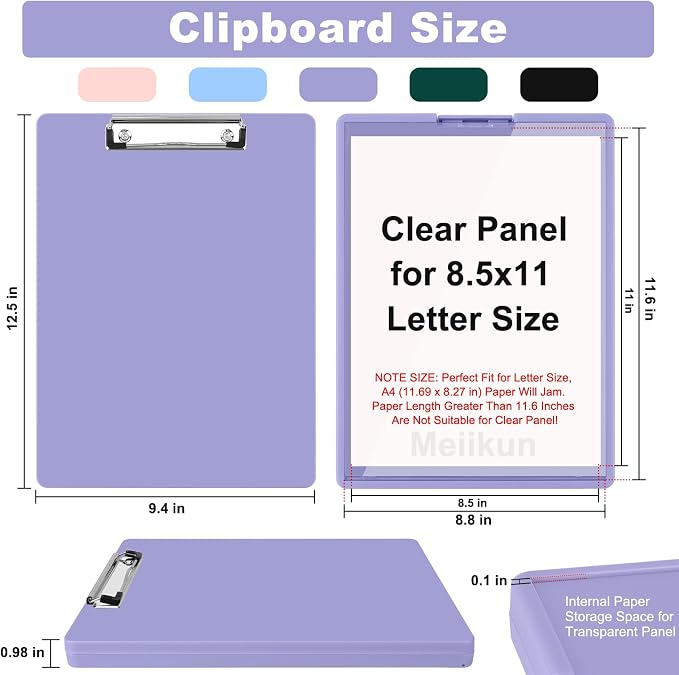 Meiikun Clipboard with Storage, Plastic Clip Boards 8.5x11 Folder with Clear Panel for Dry Erase Quick Reference, Clip Board Storage Clipboards Case for Teacher School Office Supplies (Pale Purple)