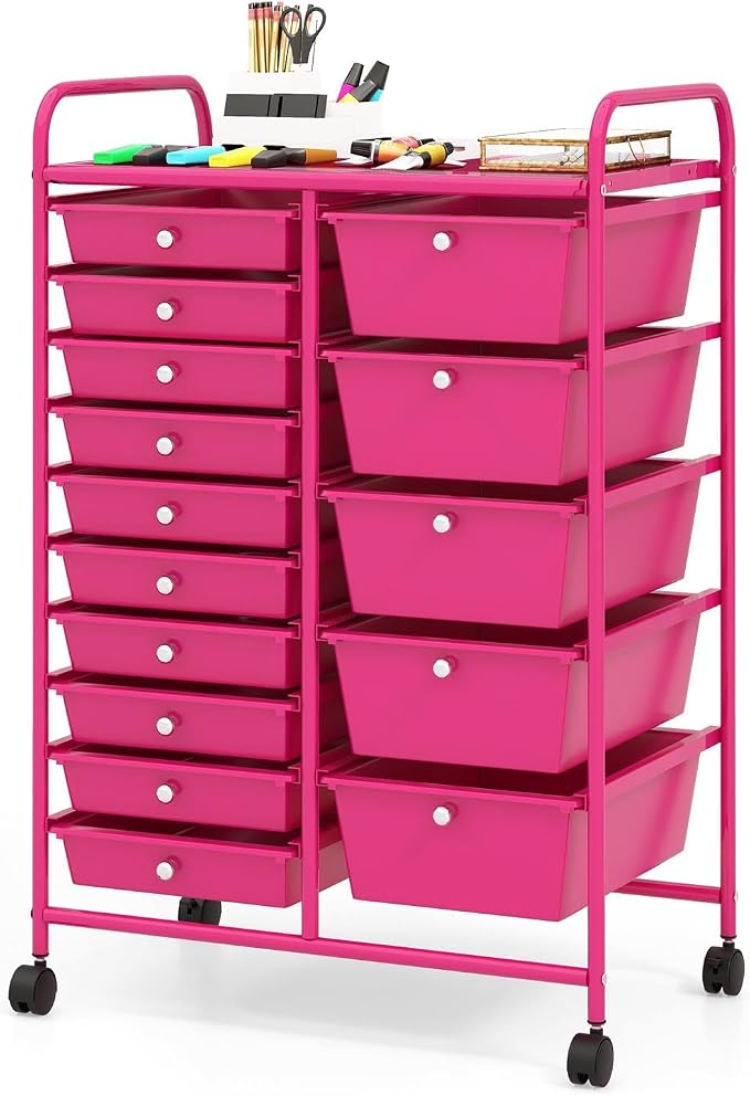 GLACER 15 Drawers Rolling Storage Cart, Steel Frame Craft Organizer Cart | Utility Cart w/Lockable Wheels & Sleek Handle, Mobile Art & Tool Supply Trolley for Teacher, Home, School, Office (Hot Pink)