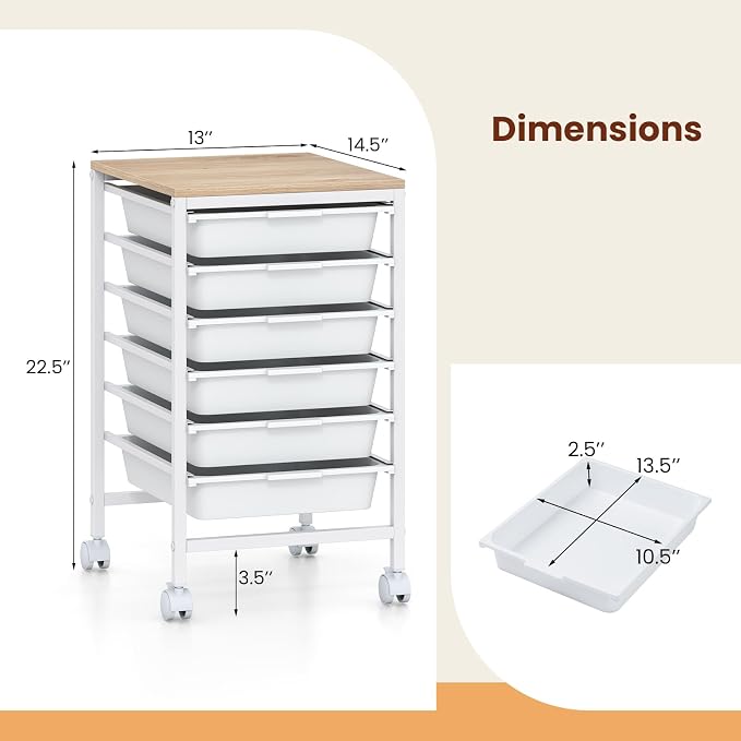 Giantex Rolling Storage Cart with 6 Drawers, Utility Cart w/Wooden Tabletop, Lockable Wheels, Multipurpose Organizer for Art Craft Books Paper, Drawer Carts for Dorm Classroom Office, White