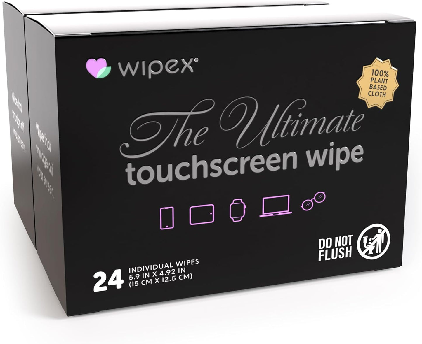 Wipex Ultimate Car Screen Cleaner - 48ct Auto Screen Wipes, Streak-Free & Residue-Free, Plant-Based Black Cloth for Interior, Mirrors & Dashboard, 24ct Individually Wrapped (Pack of 2)