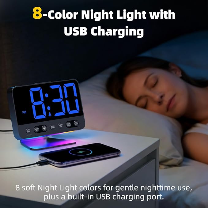 AuroraCalm Digital Alarm Clock with Large Numbers for Bedrooms: Bold Display Readable Across The Room with 5 Level Brightness - 5 Alarm Sounds 8 Night Lights for Kids Seniors Teens - Blue