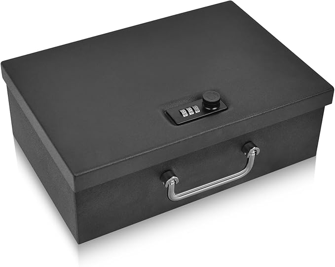 TOTOY 0.35 CuFt Portable Steel Fireproof 3-Digit Lock Handheld Document Box | Rotable Carrying Handle Storage Lock Box for A4 Documents Passport Cash Money Laptop Tablet Jewelry, 13.8''W x 11''D x 4''H