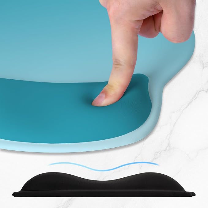 ITNRSIIET Ergonomic Mouse Pad with Wider Memory Foam Wrist Rest +17%, Curved Cushion Reduces Pressure 20%, Pain Relief, Non-Slip, Smooth, Cute Color Desk Accessory, 9.85 x 9 inch, Ombre Blue Gradient