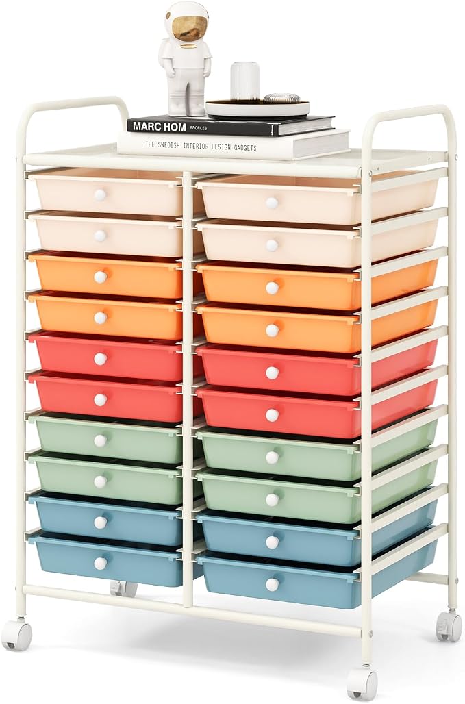 RELAX4LIFE 20 Drawer Rolling Storage Cart, Mobile Rolling Cart w/Drawers for School Classroom Teacher Office Home Salon, Paper File Art Supply Craft Organizer, Utility Cart on Wheels (Macaron)
