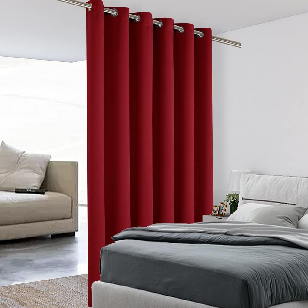 BONZER Wide Room Divider Blackout Curtain Total Privacy Wall Room Darkening Grommet Curtains for Shared Room, 84L x 70W Inch (7L x 5.8W ft), 1 Panel, Red