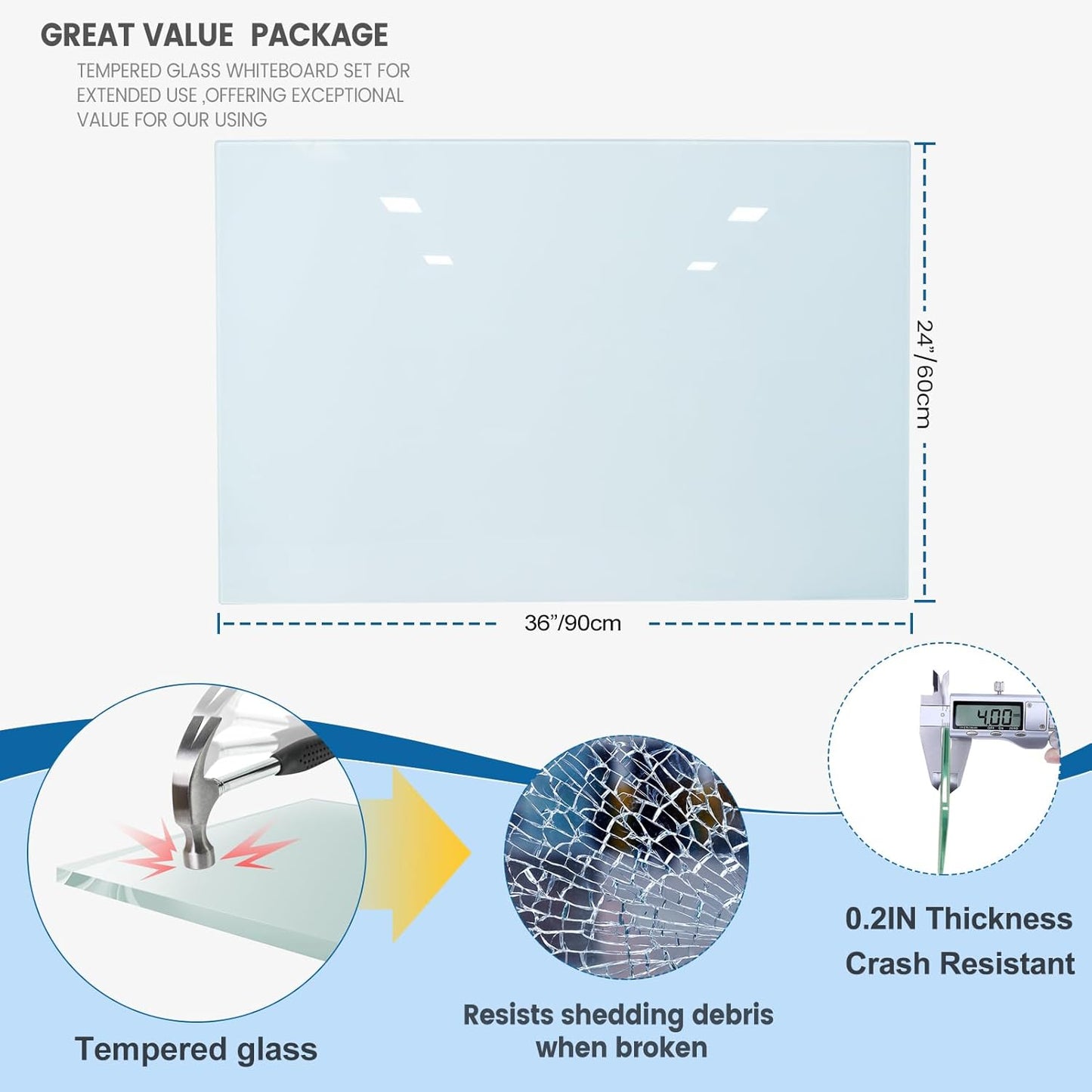 Magnetic Glass Writeboard 36"X24" Hole-Free Premium Tempered Dry Erase Whiteboard Bulletin Message Boards (White)