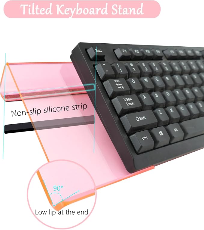 Computer Keyboard Stand Pad with Gel Wrist Rest Keyboard Pad Support with Comfortable Wrist Pad Easy Typing Ergonomic Tilted Acrylic Transparent Keyboard Riser Holder for Desktop Office Home Pink
