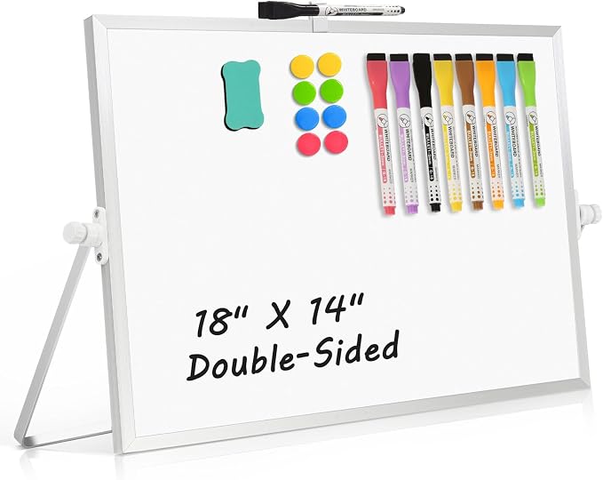 Double-Sided Magnetic White Board with Stand, 18" x 14" | Dry Erase Board with Stand, Desktop Whiteboard Easel , Portable Small White board dry erase for Drawing, Office, Home