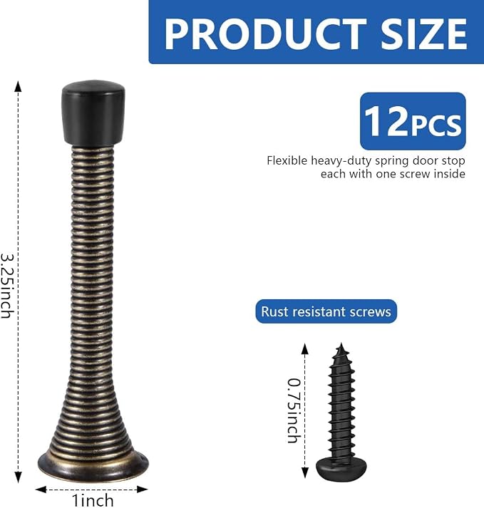 KISEER 12 Pack Spring Door Stops 3 1/4 Inch Flexible Heavy Duty Spring Door Stopper with RustProof Screw Rubber Bumper Tips (Oil Rubbed Bronze)