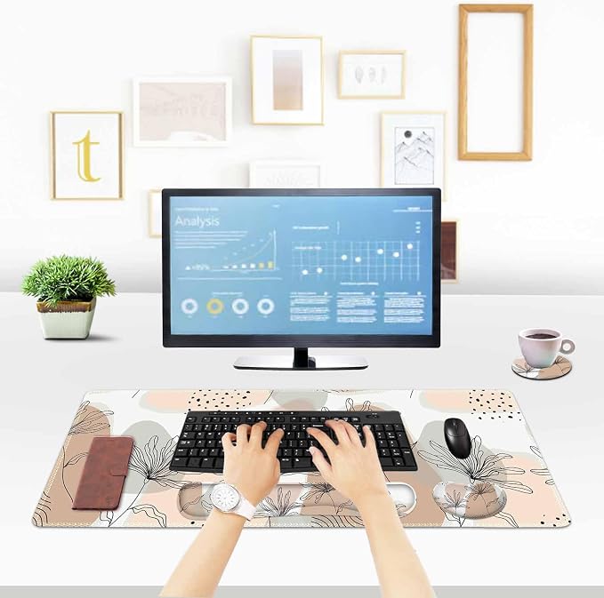 ToLuLu Extended Gaming Mouse Pad, Memory Foam Ergonomic Keyboard Mouse Wrist Rest Support Set, Large Desk Mat with Stitched Edges, Non-Slip Base Mousepad for Home Office and Game, Morandi Leaves