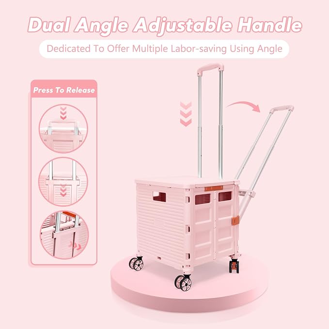 FELICON SELORSS Folding Utility Cart Portable Rolling Crate Handcart-Pink | Adjustable Handle+Extended Magnetic Lid,Storage Basket Box,4 Swivel Wheels Tote for Teacher Move Shop Travel Grocery Office
