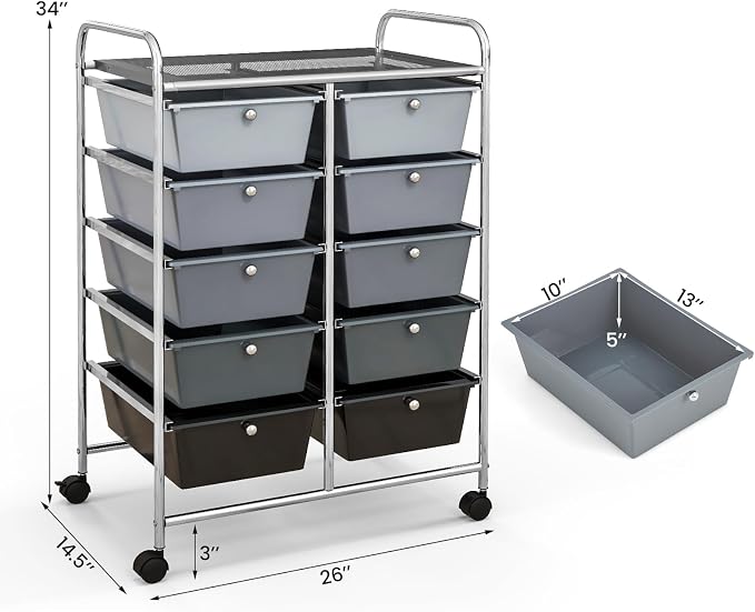 BECOMFORT 10-Drawer Rolling Cart with Drawers, Storage Cart on Wheels, Teacher Classroom Organizers with Metal Frame, Mobile Craft Cart, Trolley Utility Cart for School Office Play Room