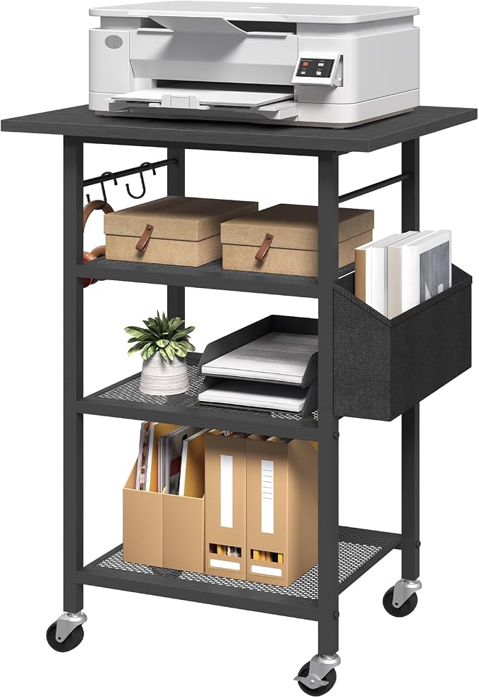 MAHANCRIS 4-Tier Printer Stand, Rolling Printer Table on Wheels, Industrial Storage Stand with Side Pocket, Wooden Tabletop, 2 S-Shaped Hooks, for Home Office, Black PTBK2601