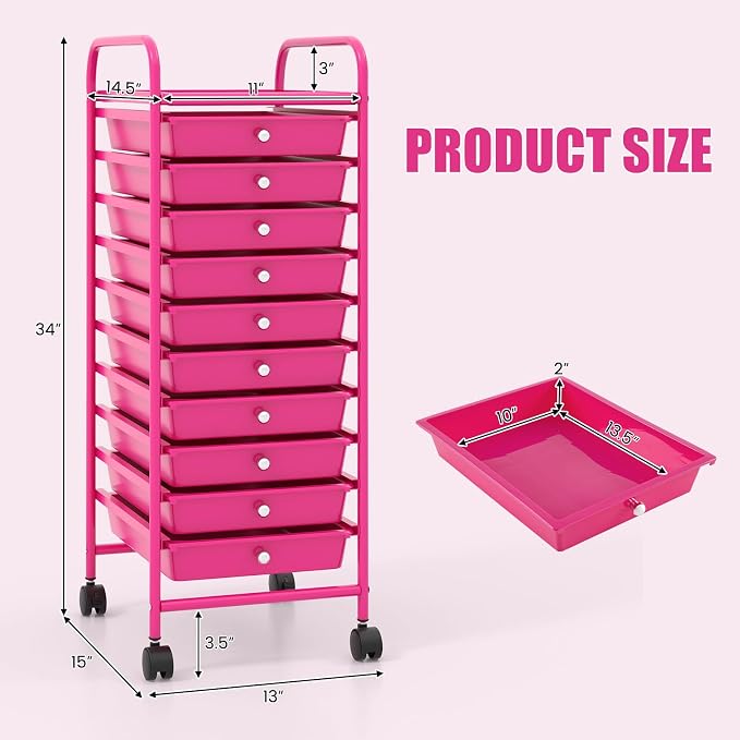 GLACER 10 Drawers Rolling Cart, Storage Cart with w/Removable Drawers & Steel Frame, Utility Mobile Trolley w/Universal Casters & 2 Brakes, Organizer Cart for Home, School, Office (Hot Pink)