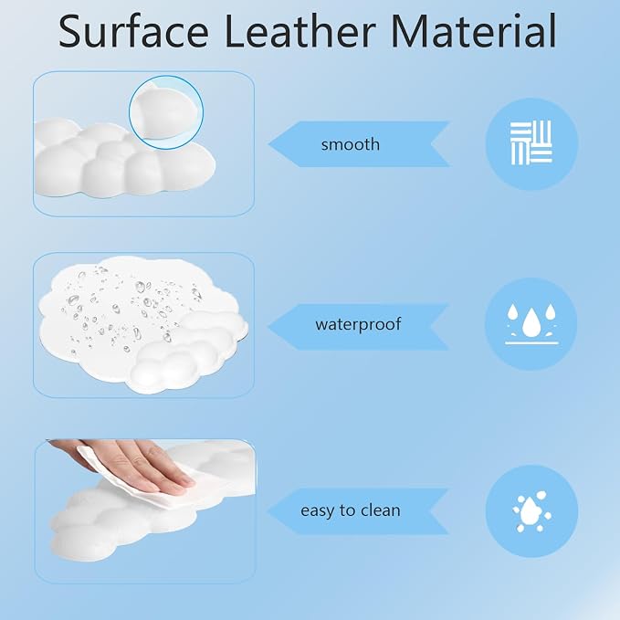 Cloud Wrist Rest Keyboard Cute Cloud Mouse Pad with Wrist Rest for Keyboard and Mouse Leather Cloud Wrist Pad Non-Slip Wrist Support for Computer Gaming Home Office Desk Decor Relief Pain White