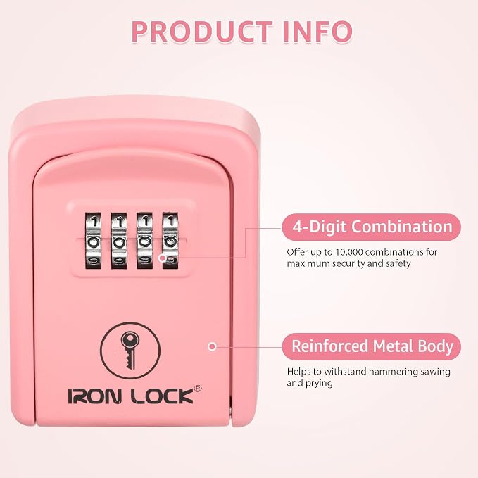 Iron Lock® Small Wall Mount Key Lock Box for Keys Outside (Pink) | Combination Lock, Resettable 4-Digit Code, Screw-In Wall Mount, Weather-Resistant Metal, No Battery or App, Holds 2 to 5 Keys