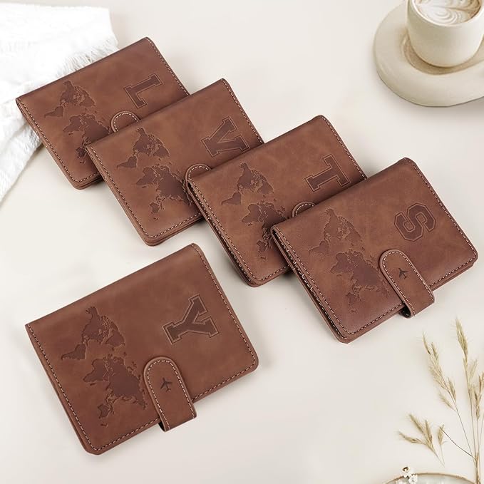 Passport Holder Wallet Cover Personalized Initial Travel Essentials | Embossed Letter A-Z Design, Travel Wallets, RFID Blocking, Passport Book Holders, Women and Men, Personalized Gifts, Brown-Y