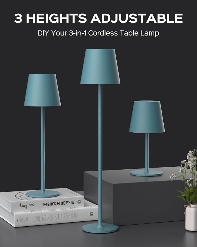 JACKYLED Cordless Table Lamps Rechargeable, 3 Adjustable Height, 5000 Capactiy Operated 3 Colors Smooth Dimming, Portab