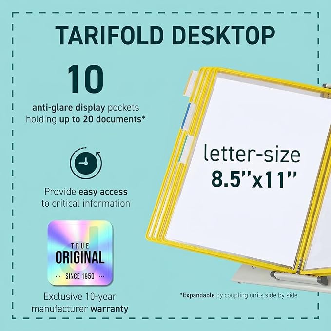Tarifold Desktop Reference Display System, 10 Pockets, Expandable, Yellow | 10 double-sided PVC pockets, holds 20 letter-size sheets, sturdy metal base, quick-find indexing, quick and easy to assemble