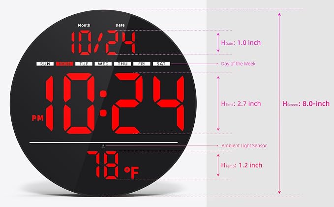 Digital Wall Clock with Large LED Display, Date, Temperature, Auto-Brightness | Small [PLUG-IN] Clock | Modern Electric Wall Clock for Bedroom, Classroom, Living Room, Home, Office, Farmhouse – Red