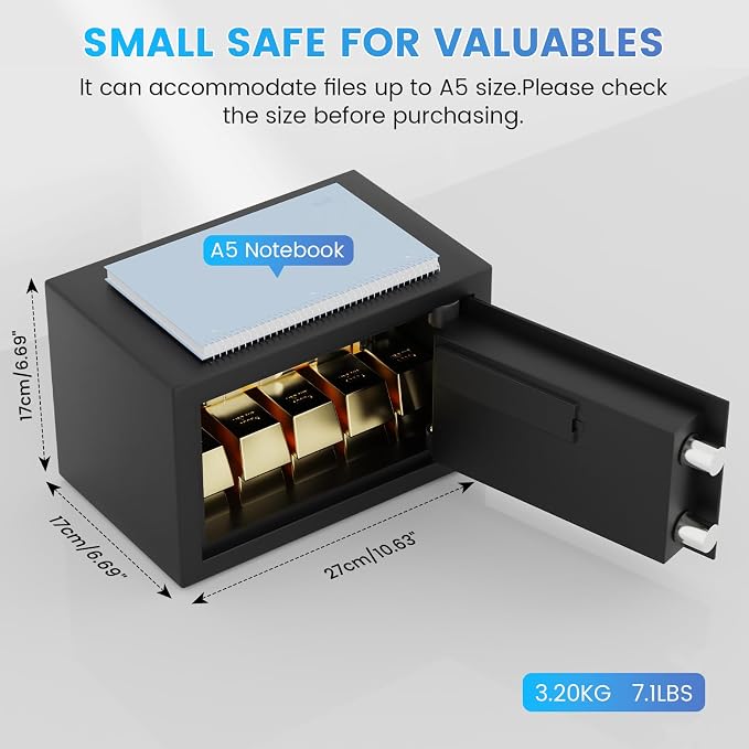 Small Safe for Home, 6.69"H Safe Box with Fireproof Waterproof Bag | Money Safe with Alarm System, Sensor LED Light, Wall/Floor Mountable, Hidden Safes for for College Dorm Room